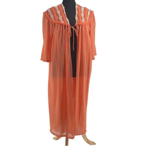 Vintage night coat house coat pajamas might dress coral house wife frills sz m-l - Picture 2 of 11
